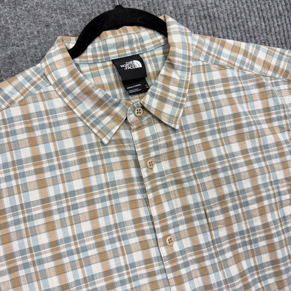 The North Face Mens XL Short Sleeve Plaid Button Down Cotton Shirt Tan Blue